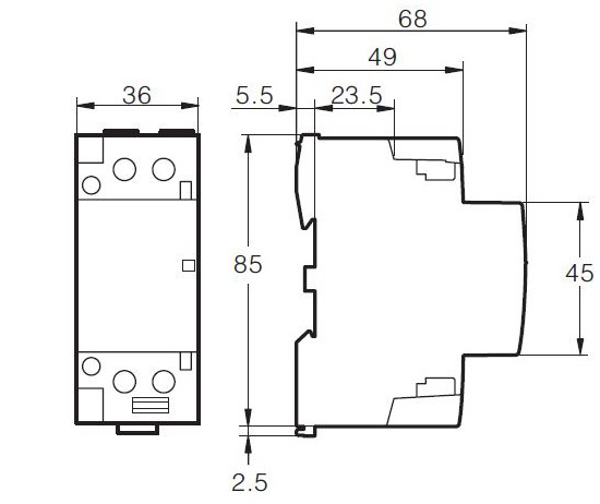 Dimensiones contactor modular 63A 4 polos